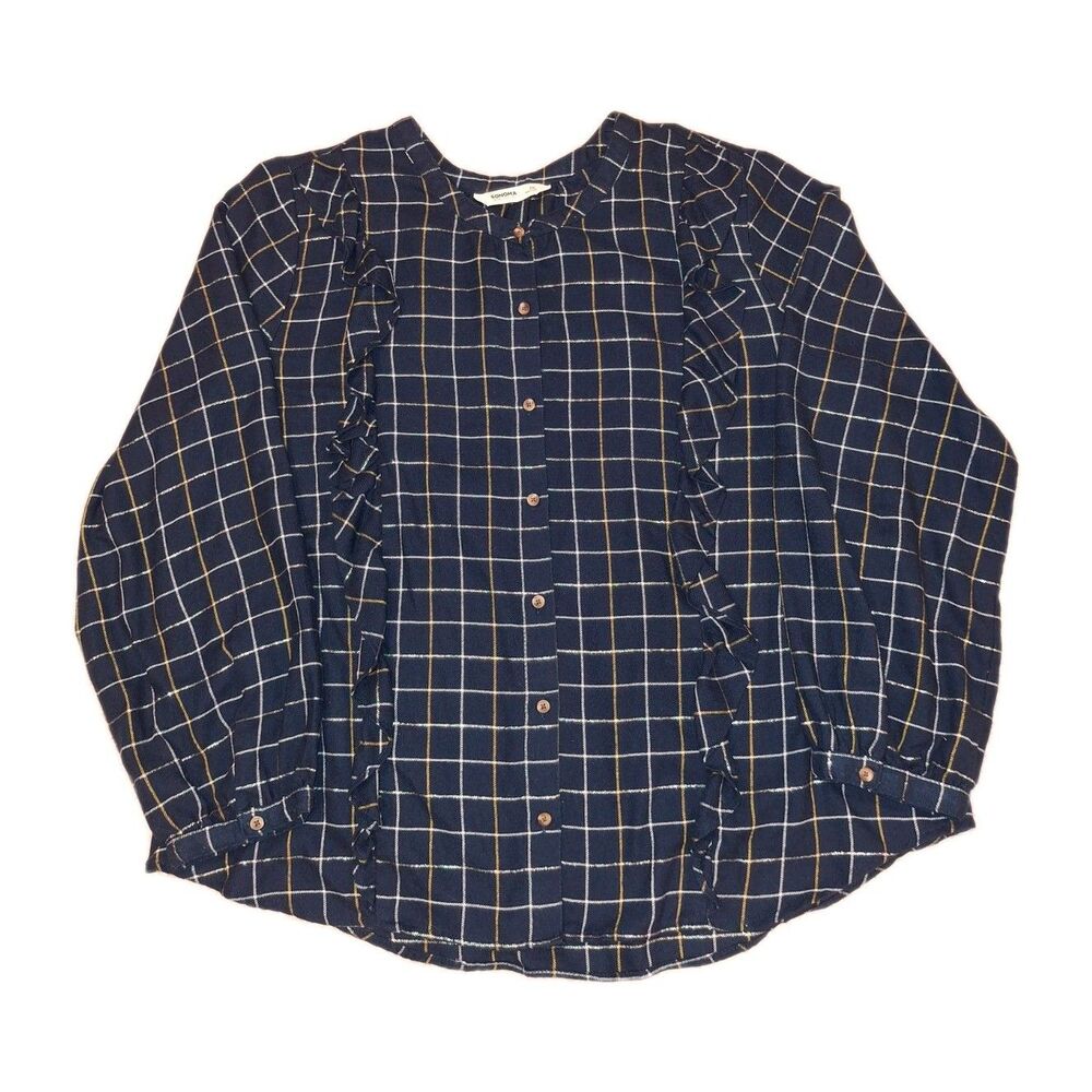 Sonoma Women's Navy Plaid Long Sleeve Button Up Ruffle Detail | Plus Size XXL